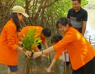 a group of people standing in the water