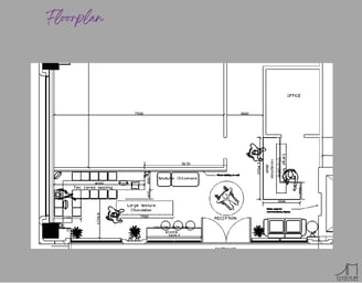 a drawing of a waiting area with seating and reception desk