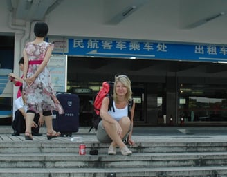 Tracey Billington chilling at the Guilin airport, China