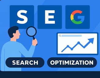 Flechas apuntando hacia el logotipo de Google SEO con íconos de búsqueda y optimización