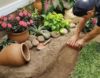 a man is kneeling down in a garden