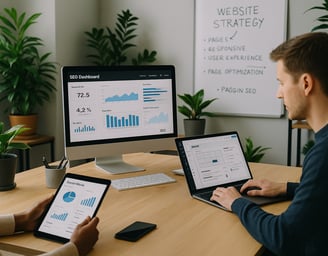 Hombre analizando panel de control de SEO en un ordenador con gráficos de rendimiento y visibilidad