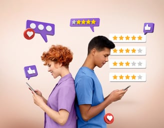 Dos personas usando el móvil con iconos de reseñas y estrellas sobre fondo claro
