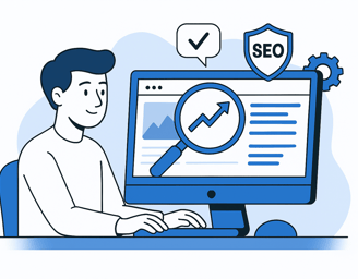 Homme avec un ordinateur améliorant le référencement d'un site web