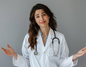 a woman in a lab coat and a stethoscope on her hands