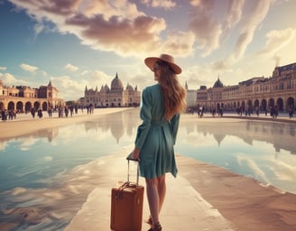 a woman in a hat and a suitcase