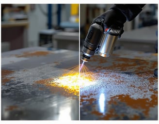 Laser cleaning machine removing paint from rusted metal surface
