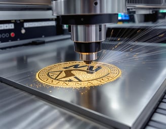 CNC engraving machine etching logo into aluminum plate