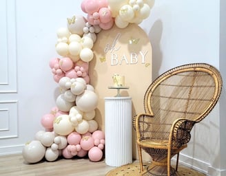 Butterfly themed Oh Baby balloon backdrop rental 