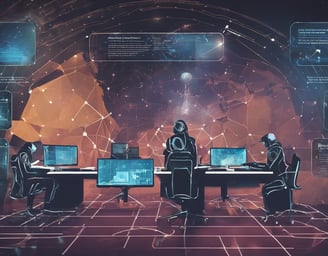 a group of people sitting at a table with computers