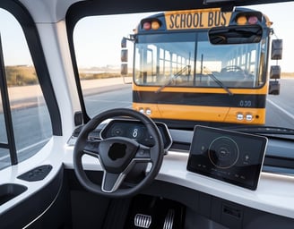 a bus with a steering wheel and dashboard