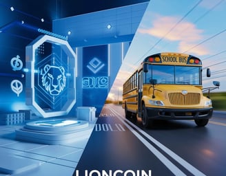 a school bus with a lion on the front and a school bus on the back