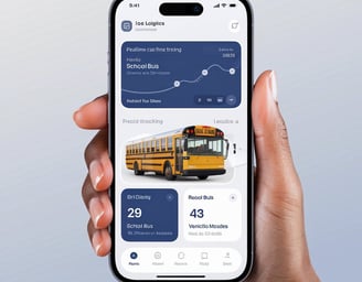 a person holding a cell phone with a school bus in the background