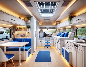 a camper van with a table and chairs
