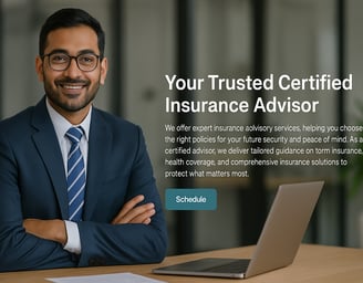 A professional website banner showcasing insurance advisory services with a family and financial security theme, suitable