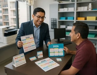 Asesor de imprenta mostrando diferentes tipos de calendarios 2026 a un cliente en una oficina moderna en Lima, Perú, ambos re