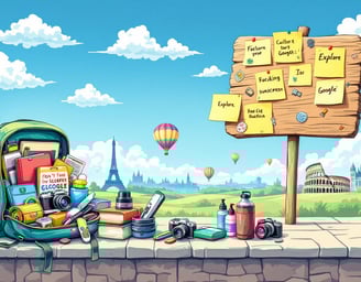 Essential gear for budget backpackers displayed against a travel-themed background.