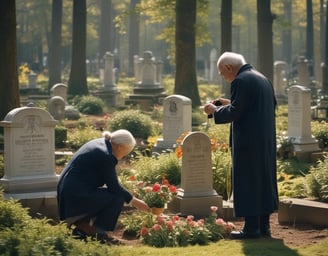 in einem waldfriedhof. zwei alte menschen gießen ein grab auf dem friedhof das grab hat viele blumen