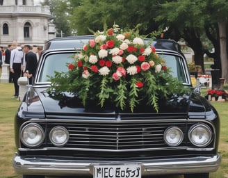 schwarzes bestattungsfahrzeug mit blumen schmuck vor dem friedhof an der trauerhalle