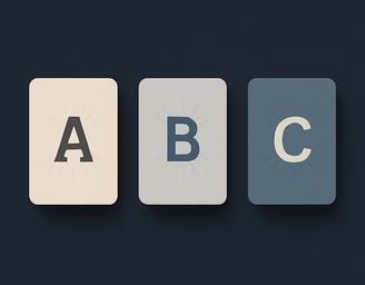 Tarjetas con letras A, B y C que representan planes web flexibles según las necesidades del negocio.