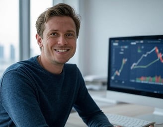 Smiling freelancer in front of a screen showing rising charts, symbolizing fast income growth.