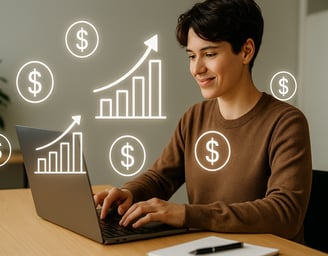 Illustration of a person sitting at a desk with a laptop and money bills floating around, representing multiple income stream