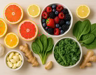 Colorful selection of vitamin-rich foods to strengthen the immune system.