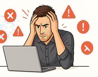 Illustration of a stressed entrepreneur at his laptop, surrounded by red error icons and crosses, symbolizing online business