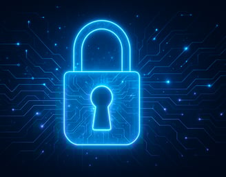 Illustration of a blue digital padlock on a dark background with a virtual network, representing personal data protection.