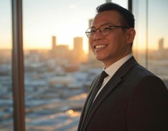 Confident entrepreneur at sunrise, representing success psychology and winner’s mindset