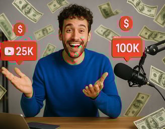 Illustration of a happy YouTube creator in front of a screen with floating dollars, symbolizing fast monetization and passive
