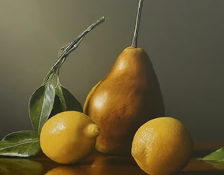 a pear tree with lemons and leaves on a table