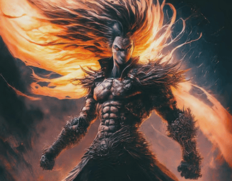 a man with a large, fiery flame on his chest