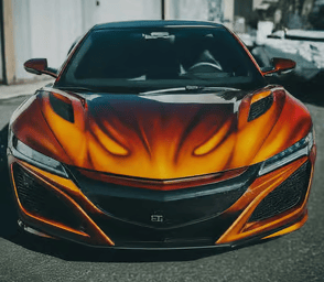 a car with a fire painted on it