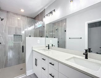 Before and after transformation of outdated bathroom into spa-style retreat with efficient layout an