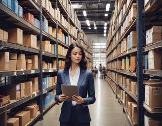 a woman in a suit standing in a warehouse