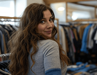femme dans une jolie friperie pour la journée mondiale des vêtements d'occasion