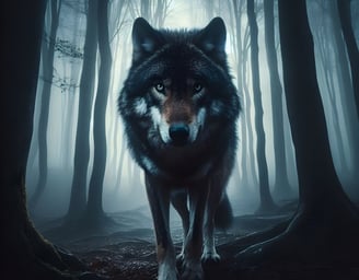 a wolf in the woods with a wolf in the background