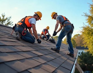Roofing contractor fixing leak as part of roof repair services