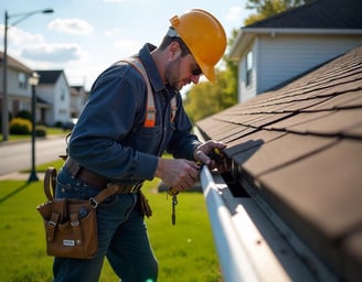 Technician repairing roof shingles after storm damage on a two-story suburban house