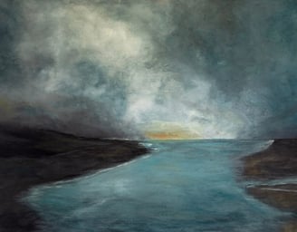 Moody seascape painting by Martin Osner showing a dark shoreline, calm blue water, and a dramatic cloudy sky at sunset.