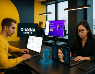 Hombre y mujer trabajando en una oficina "Xianna Studio" con IA Generativa