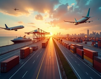 a plane flying over a large container container