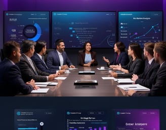 a conference room with a large screen displaying a presentation