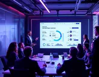 a group of people sitting around a table with a presentation