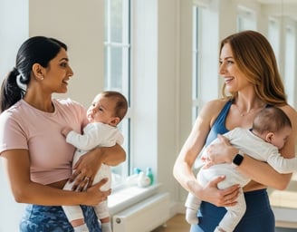 two mums holding their babies and talking