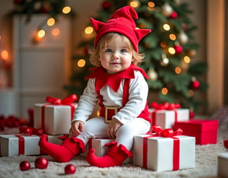 a baby in a santa clause outfit sitting on a rug posing for Christmas portraits