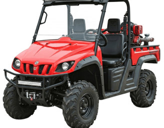a red utility vehicle with a large, black and white truck behind it