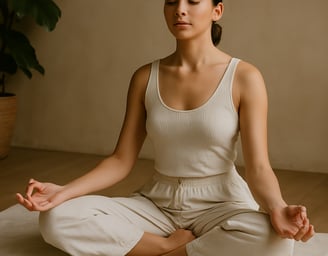 “Woman meditating with healing crystals during a holistic energy practice”