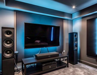 smart tv mounted on the wall with a modern sound system